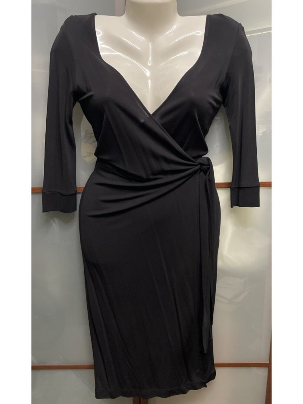 French Connection Y2K Wrap Midi Dress Size 6 Black Longsleeve Tie Waist Stretch